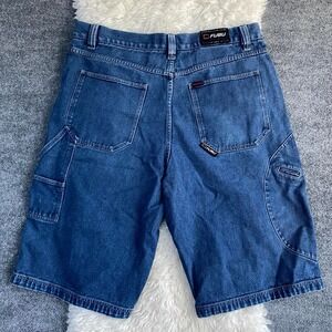 FUBU JEANS MENS BLUE DENIM JORTS DARK WASH JEAN SHORTS Y2K VINTAGE STYLE HIP HOP